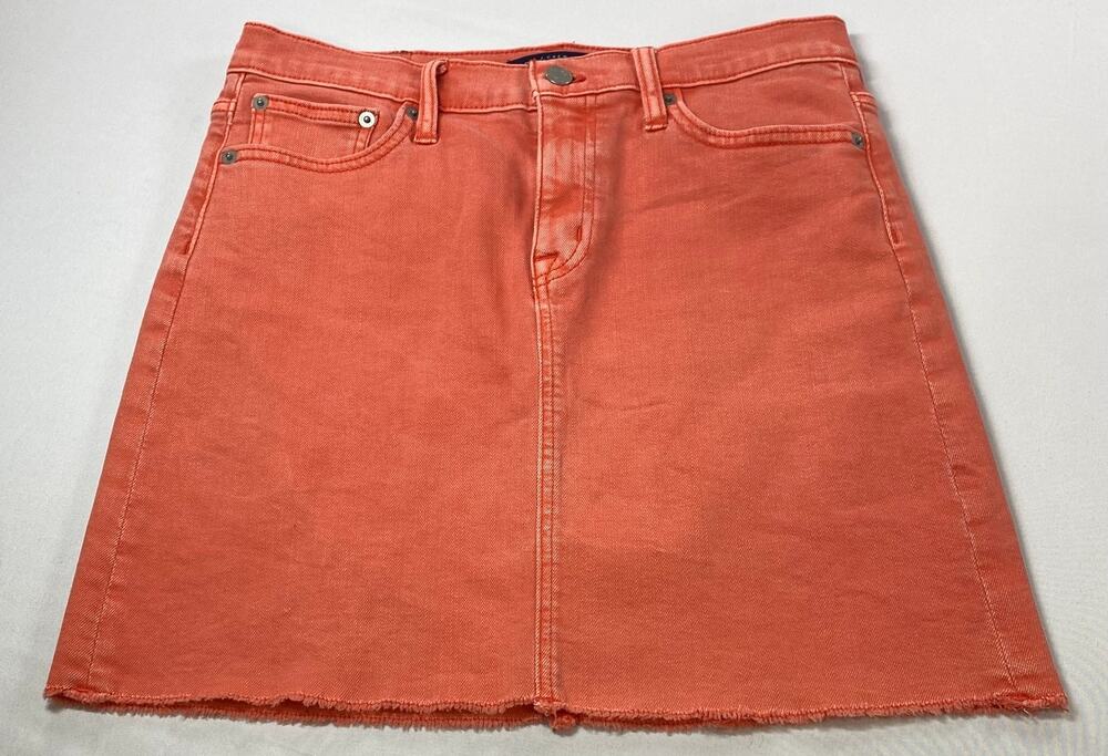 J.Crew Mercantile Coral Orange Denim Mini Skirt • Raw Hem • Size 0